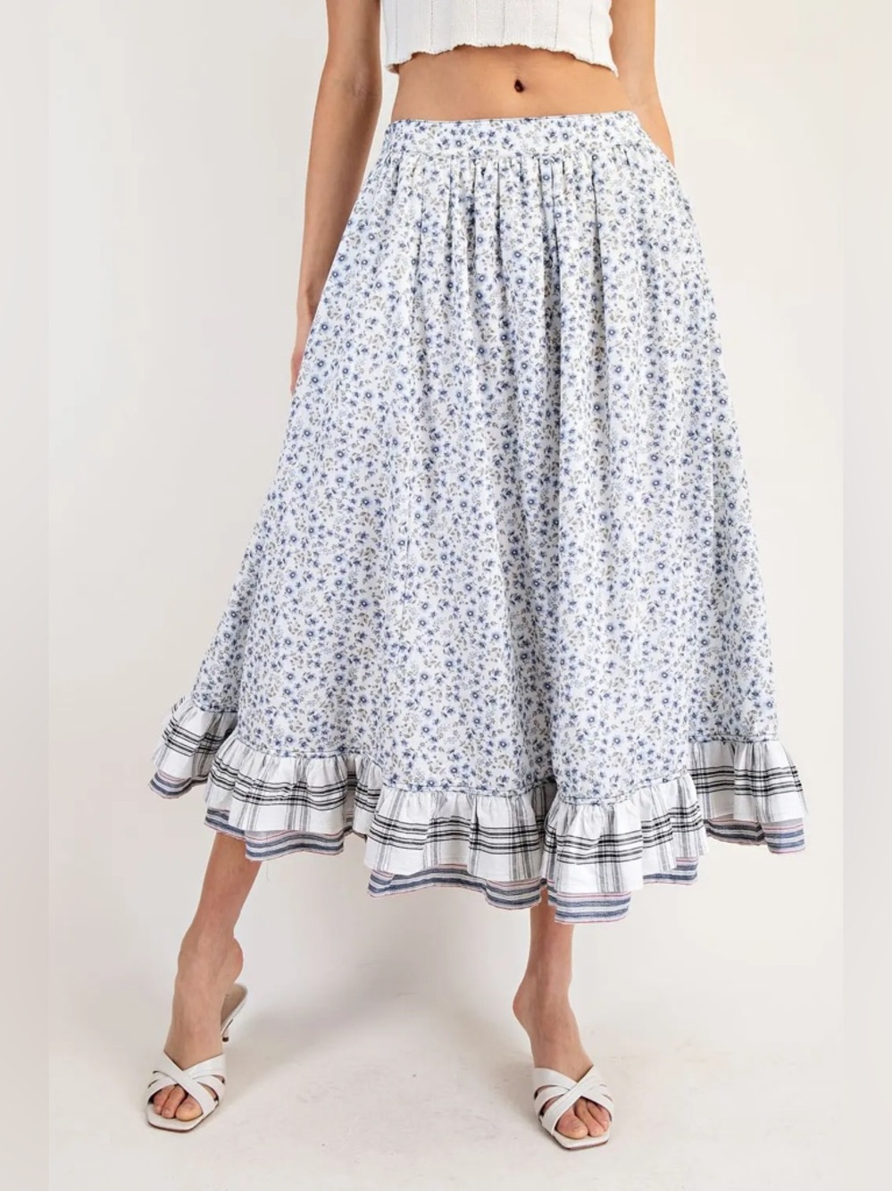 150 • French Countryside Prairie Voluminous Blue Floral Maxi Skirt